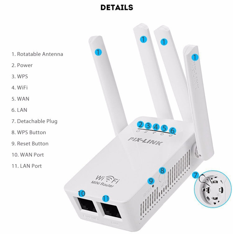 Pix-Link LV-WR09 300Mbps Range WiFi Extender Repeater Mini Router (US Inch)