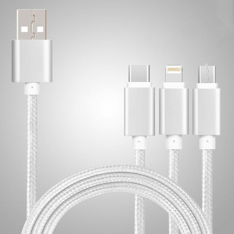 5 PCS 2A 3 en 1 USB vers USB-C / Type-C + 8 BROCHES + Câble de données tressé Micro USB (Argent Blanc)