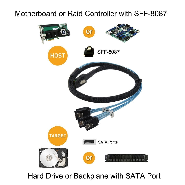 Mini SAS 36PIN SFF 8087 vers 4 x 7P SATA Serveur Câble Longueur : 50cm