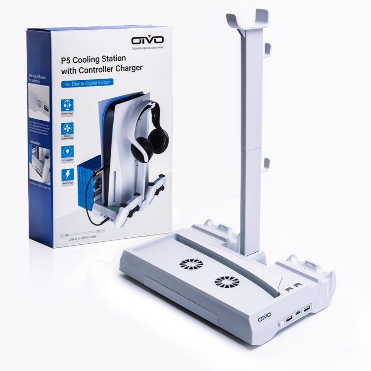 OIVO IV-P5249 Dual Charging Dual Cooling Base Disc Storage Rack with Headphone Holder Suitable for PS5 (White)