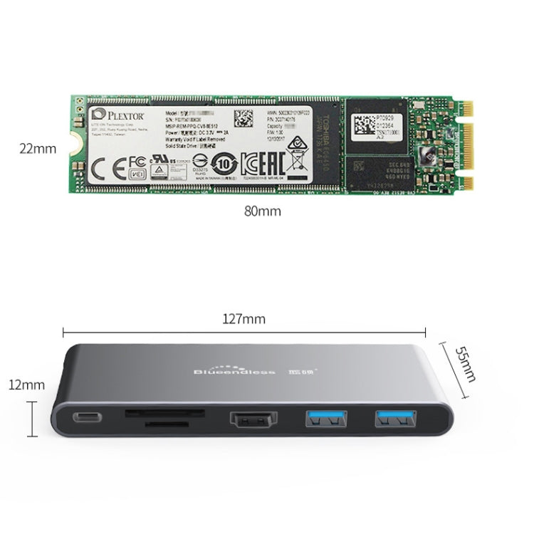 AzulnDless MC601 M.2 NGFF Caja de accionamiento de estado sólido Tipo-C Distrito de acoplamiento USB C3.1 Hub número de interfaces: M.2 NGFF + HDMI + PD + SD + TF + USB3.0x2