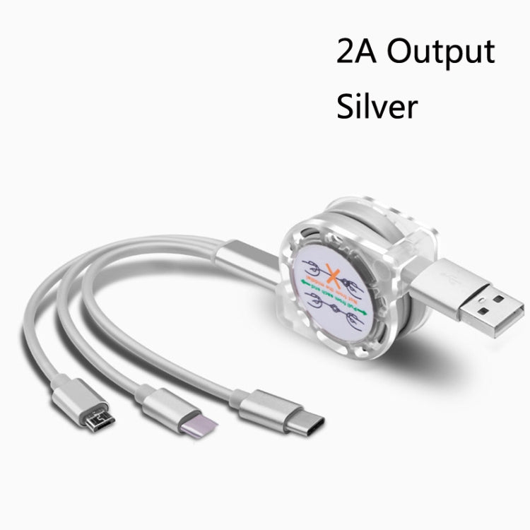 2 PCS ZZ034 USB a 8 PIN + USB-C / Tipo-C + Micro USB 3 en 1 Cable de Carga Rápida Estilo: Plata retráctil