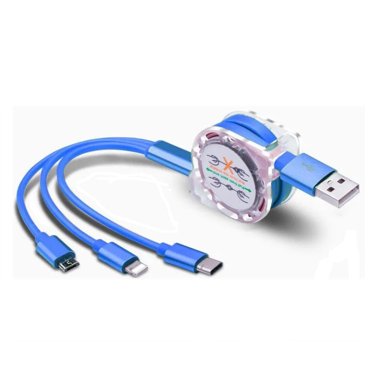 2 PCS ZZ034 USB to 8 PIN + USB-C / Type C + Micro USB 3 in 1 Fast Charging Cable Style: Blue Retractable