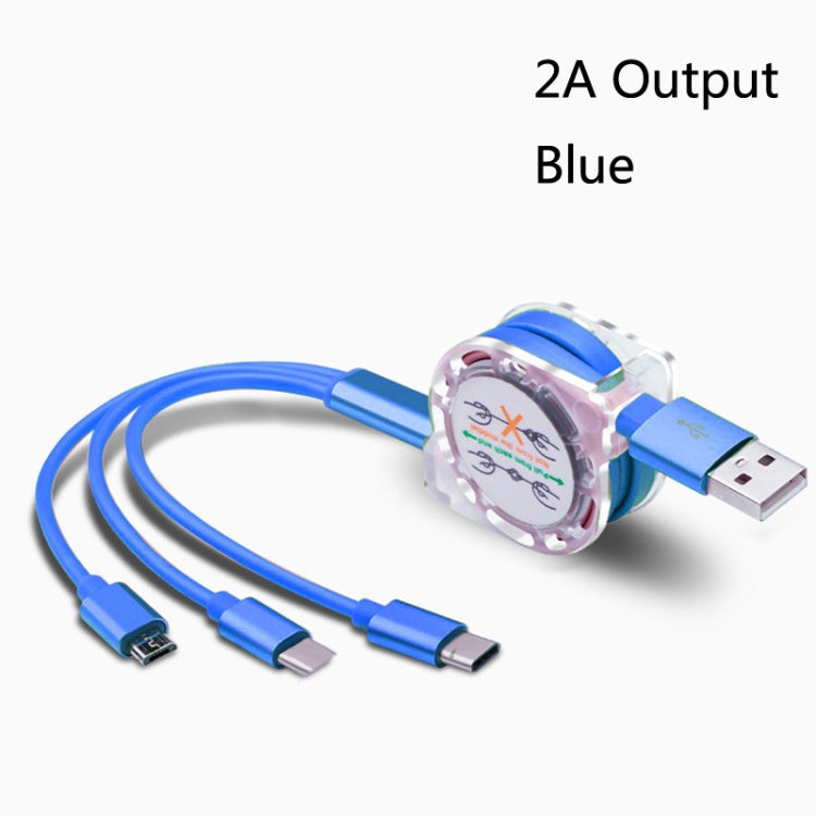 2 PCS ZZ034 USB a 8 PIN + USB-C / Tipo C + Micro USB 3 en 1 Cable de Carga Rápida Estilo: Azul retráctil