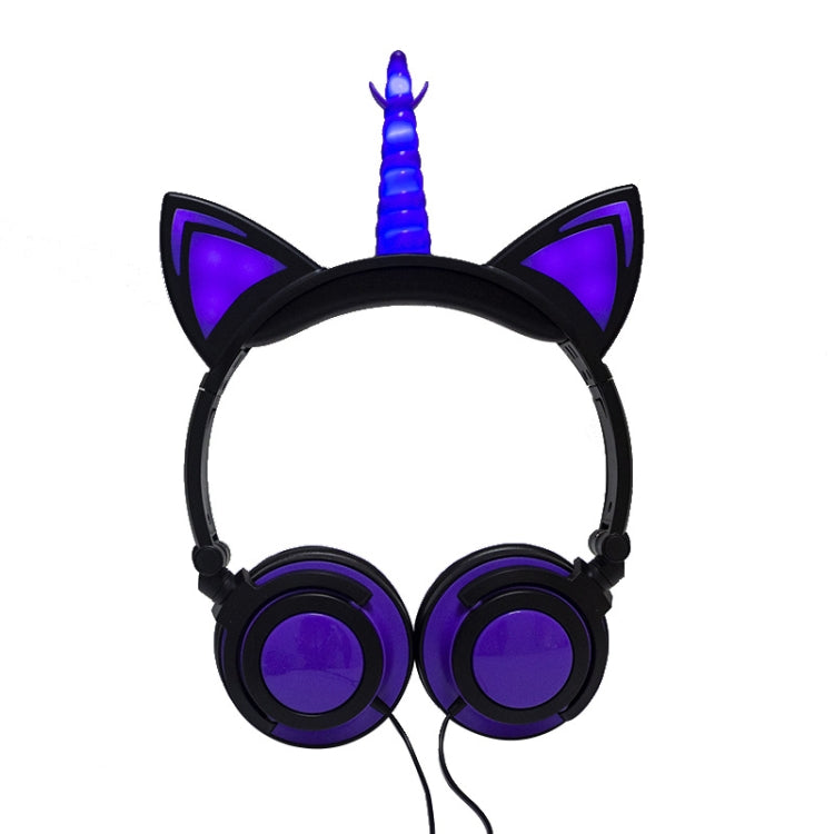 LX-CT888 3.5mm 3.5mm Kids Glowing Horns Computer Headphones Cable Length: 1.5m (Purple Black Unicorn Petals)