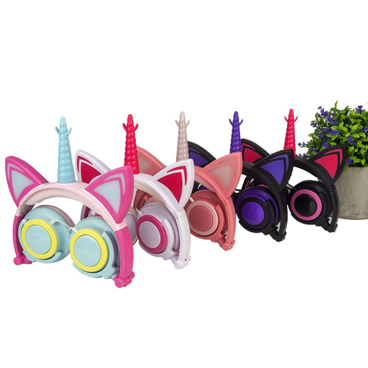 LX-CT888 3.5mm Kids Wired Cartoon Glowing Horns Computer Headphones Cable Length: 1.5m (Unicorn Petal Pink Black)