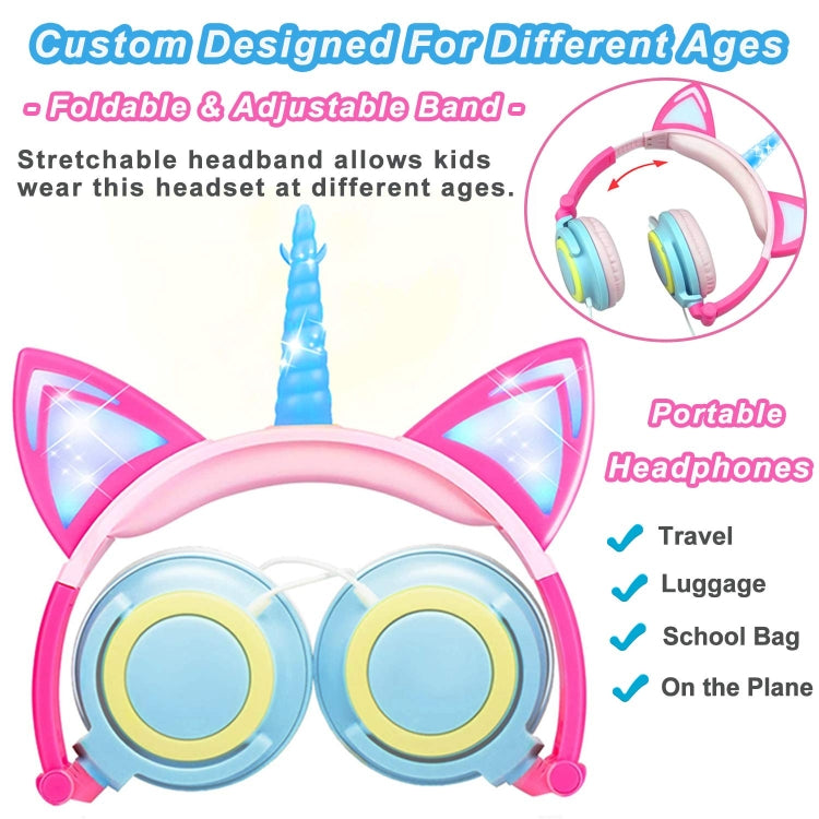LX-CT888 3.5mm Kids Wired Cartoon Glowing Horns Computer Headphones Cable length: 1.5m (Unicorn Petal Peach)