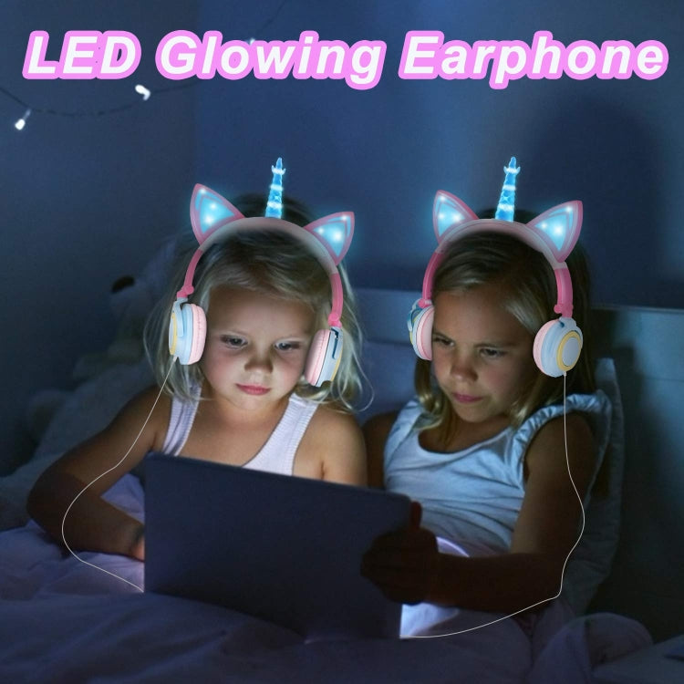 LX-CT888 3.5mm Kids Wired Cartoon Glowing Horns Computer Headphones Cable Length: 1.5m (Unicorn Petal Pink Black)