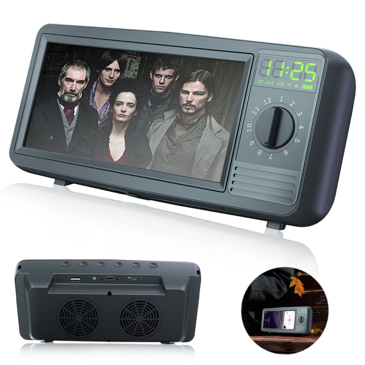 N57 Retro TV Forma de TV Bluetooth Cargador Inalámbrico Titular de Teléfono Móvil con función de reloj y alarma Admite la Tarjeta U-DISK TF (Negro)
