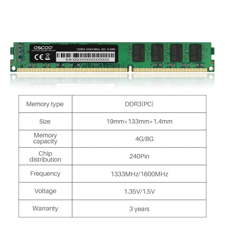 Capacité de la mémoire de la mémoire de l'ordinateur OSCOO DDR3: 8 Go