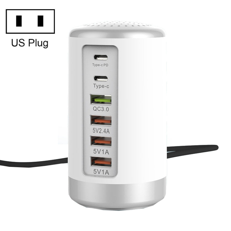 4 x USB + 2 x Type-C Cylinder Multifunction Charger 65W US Plug (White)