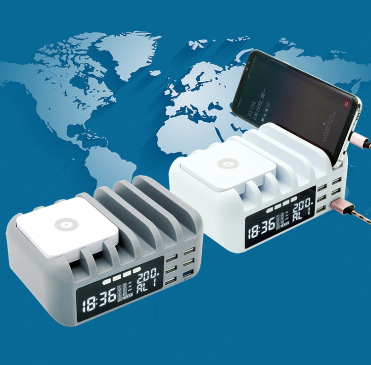 QC 3.0 + 5 ports USB + chargeur multifonction de charge sans fil Qi avec fonction d'horloge prise UE (gris)