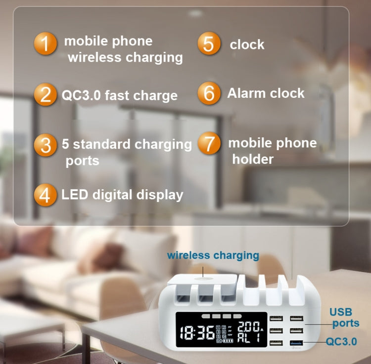 QC 3.0+5 USB Ports+Qi Wireless Charging Charge Multifunction Charger with Clock Function EE Plug (White)