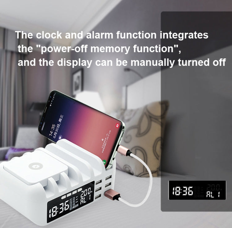 QC 3.0+5 USB Ports+Qi Wireless Charging Charge Multifunction Charger with Clock Function EE Plug (White)