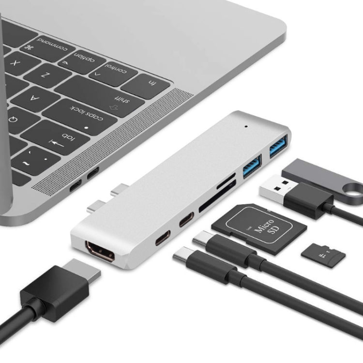 7 in 1 100W USB 3.1 to 20VPD + Data Card Reader + HUB + HDMI 4K Converter (Silver)