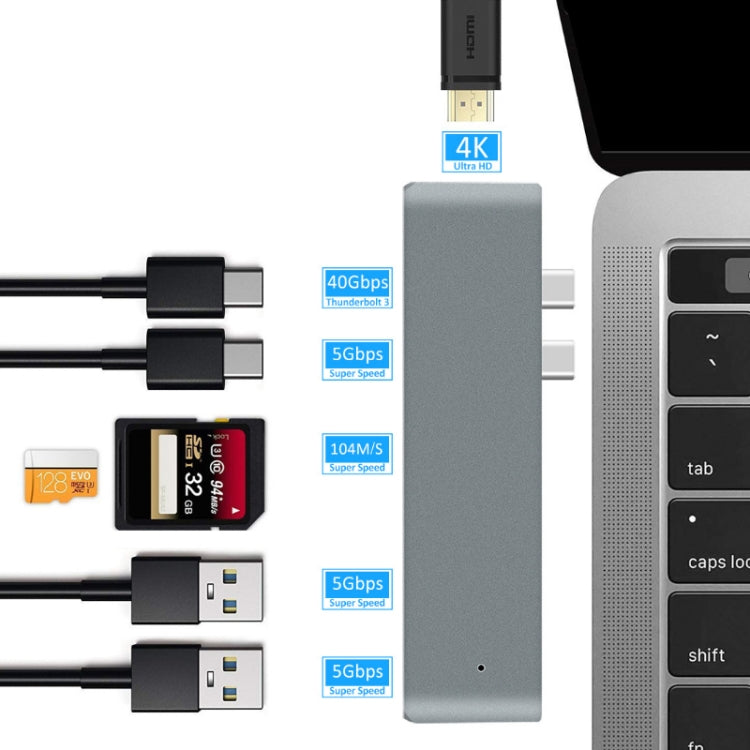 7 in 1 100W USB 3.1 to 20VPD+Card Reader Data+HUB+4K HDMI Converter (Grey)
