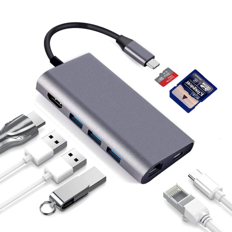 8 in 1 Type C to HDMI+RJ45 Network Port+3USB3.0+PD Docking Station (Grey)