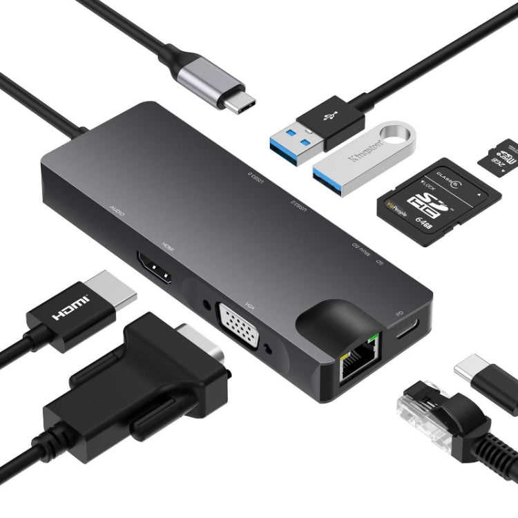 8 en 1 Tipo-C a HDMI+Vag Gigabit RJ45+USB3.0 Estación de acoplamiento (Gris)