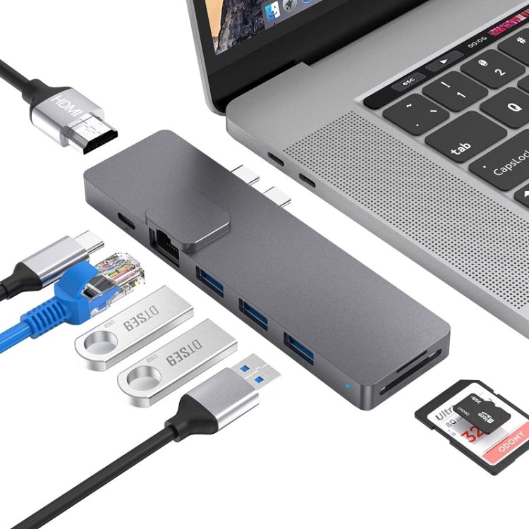 Dual tipo-C Hub a RJ45 Gigabit Ethernet Port + USB3.0 + Lector de Tarjetas SD / TF + HDMI 4K (Gris)