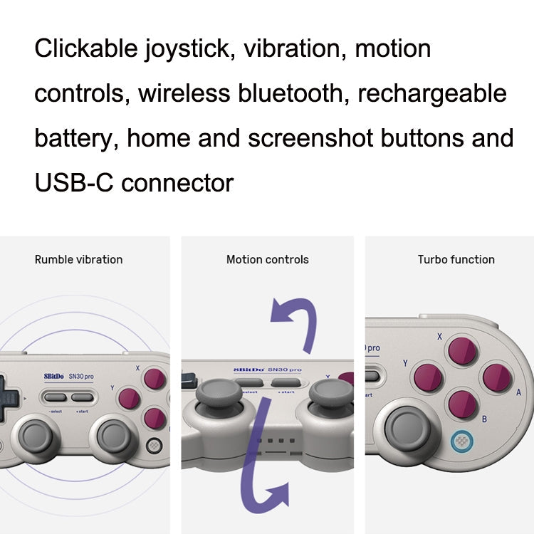 8BitDO SN30Prog Vibration Burst BUSTOSensory Wireless Bluetooth Gamepad Para interruptor (Gris Claro)