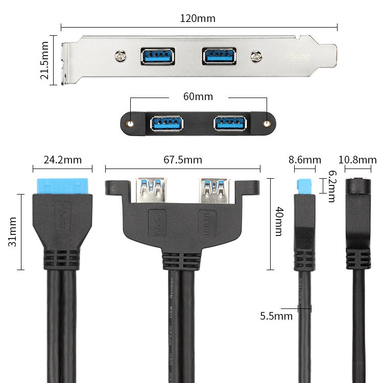 50CM USB3.0 Trasera PCI Baffle Line Chasis de altura Completa DIY con Cable de transferencia de oreja de 20 pines (Azul)