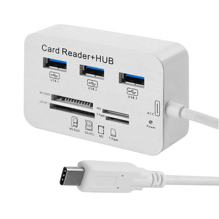 USB 3.1 Type-C COMBO 3 Port HUB + MS DUO / SD (HC) / M2 / T-Flash Card Reader with LED Indication (Silver)
