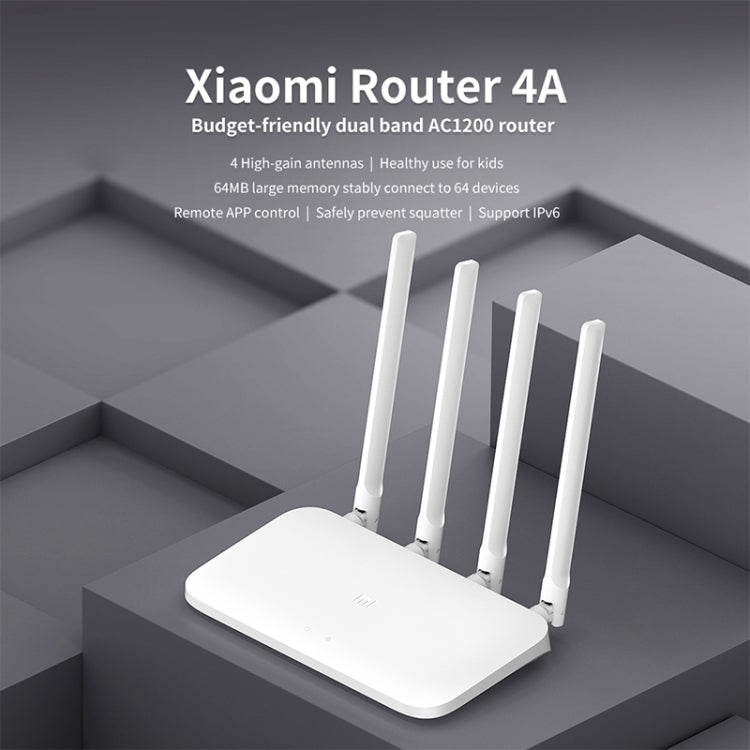 Original Xiaomi WiFi Router 4A Smart APP Control AC1200 1167Mbps 64MB 2.4GHz y 5GHz Repetidor de enrutador Inalámbrico con 4 Antenas Enchufe de EE.UU (Blanco)