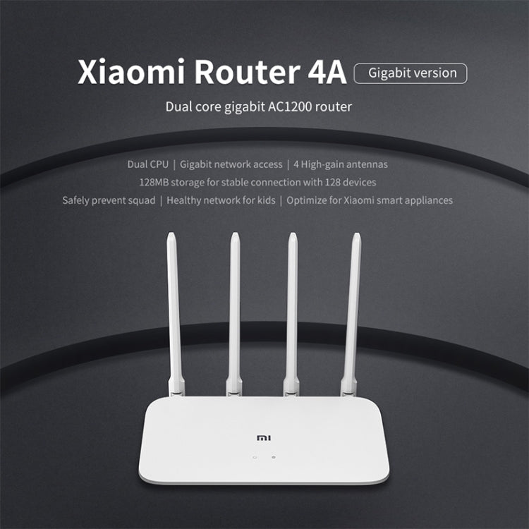 Routeur WiFi d'origine Xiaomi 4A Smart APP Control AC1200 1167 Mbps 128 Mo 2,4 GHz et 5 GHz Dual Core CPU Port répéteur Gigabit Ethernet avec 4 antennes US Plug (Blanc)