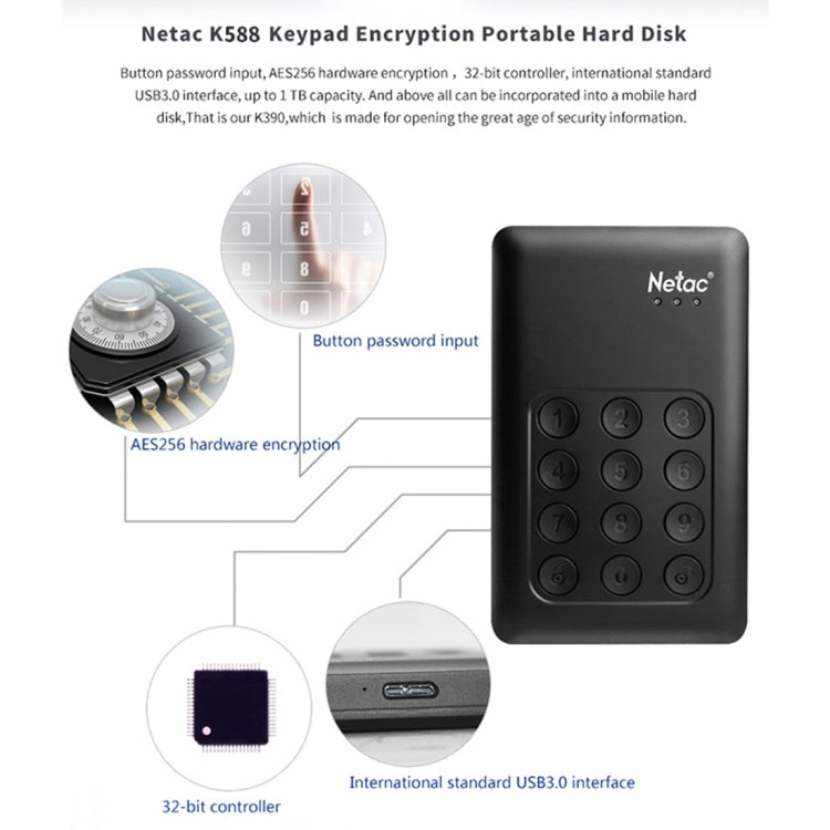 Disque dur portable Netac K588 2 To USB 3.0 avec cryptage de clavier